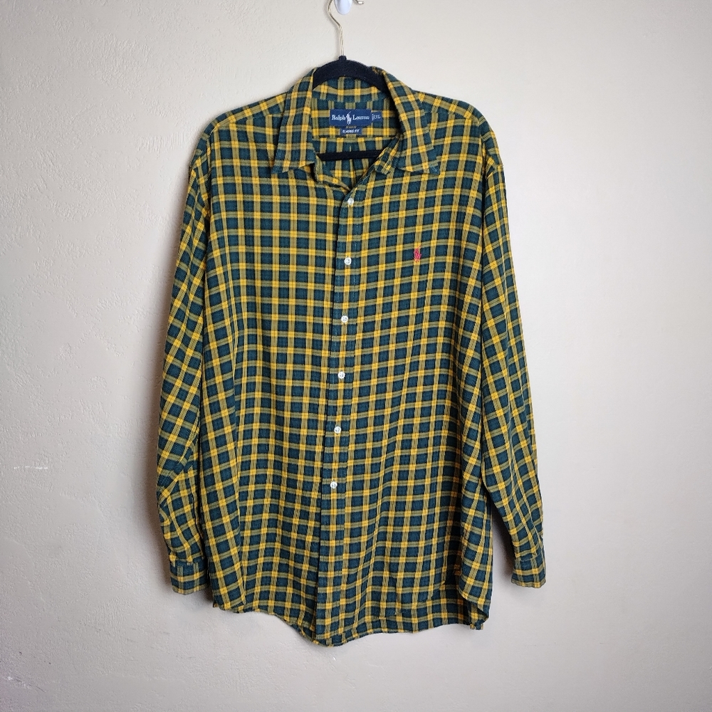 RALPH LAUREN‎ Men's Button Down Long Sleeve XL Casual Cotton Plaid Shirt Yellow